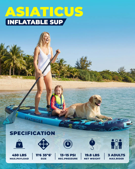 Skatinger 11'6"x35" Inflatable Paddle Board 450LBS | Ultra Stable Wide SUP for Family 3 People