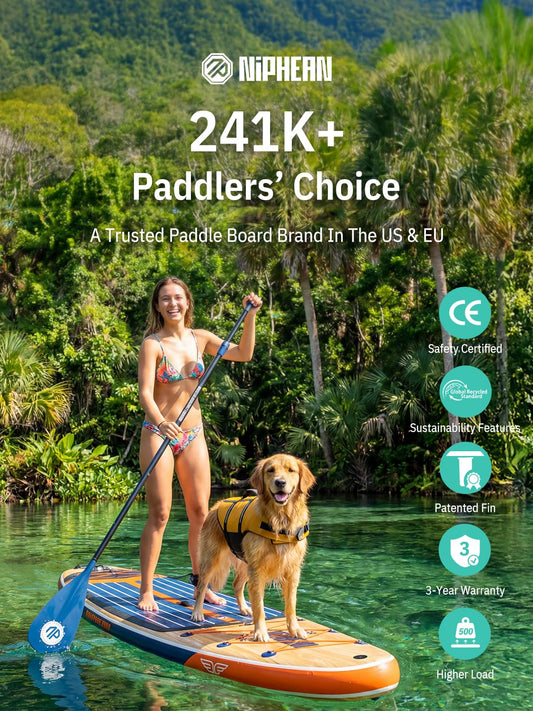 Niphean XL Inflatable Paddle Board 500LBS for 2+ People | Family SUP Non-Slip StabilTrac Fin