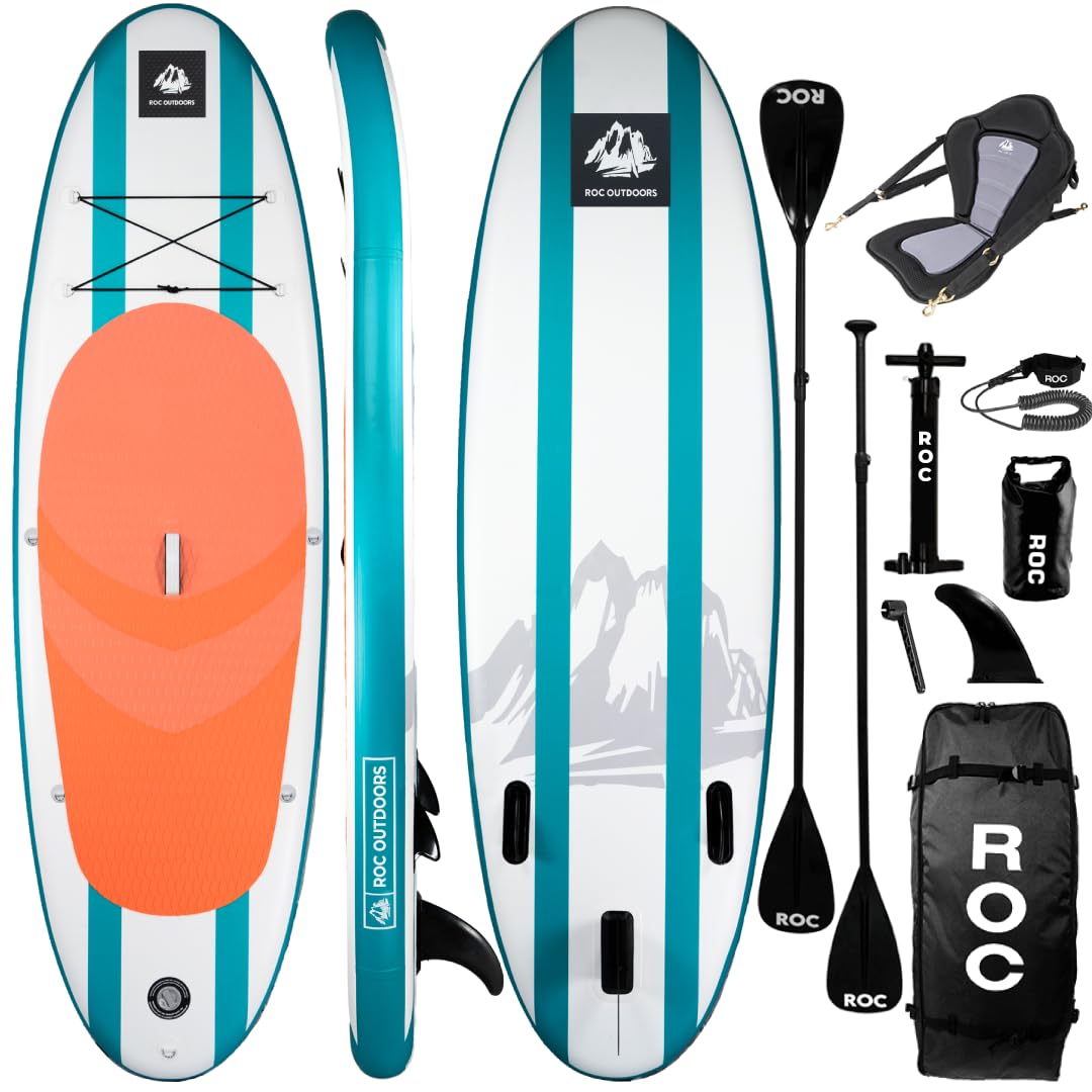 ROC Inflatable Paddle Board Aqua with Kayak Seat | Wide Stable Non-Slip SUP Adults & Youth