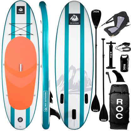 ROC Inflatable Paddle Board Aqua with Kayak Seat | Wide Stable Non-Slip SUP Adults & Youth