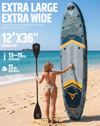 12'x36" Inflatable Paddle Board 500LBS with Kayak Seat | Extra Wide Non-Slip SUP Adults + 5 Fins