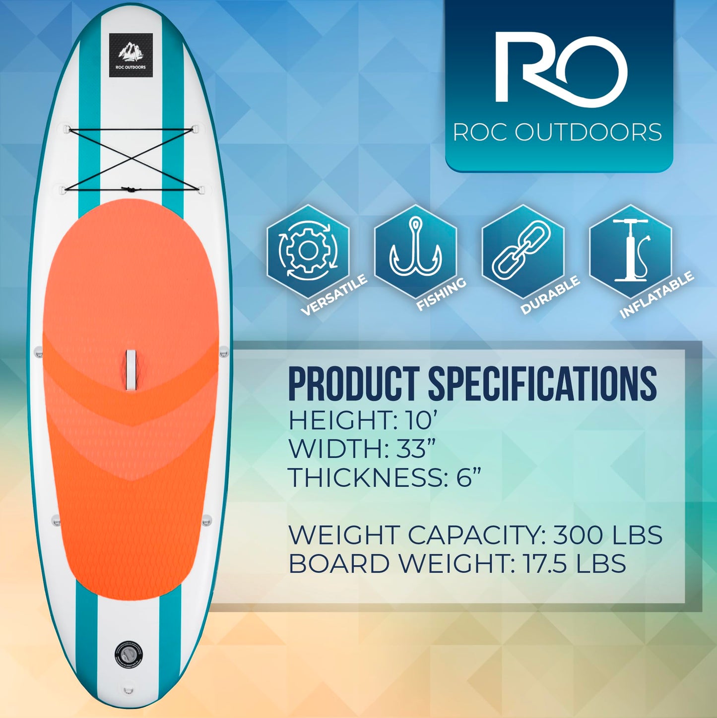 ROC Inflatable Paddle Board Aqua with Kayak Seat | Wide Stable Non-Slip SUP Adults & Youth