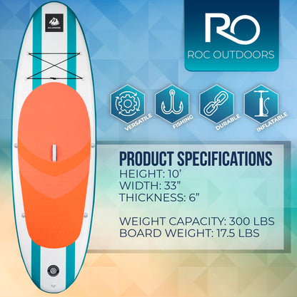 ROC Inflatable Paddle Board Aqua with Kayak Seat | Wide Stable Non-Slip SUP Adults & Youth