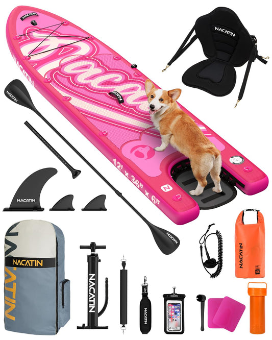 NACATIN Inflatable Paddle Board with Dog Ramp, Kayak Seat & Double Paddle | Complete SUP Set Adults