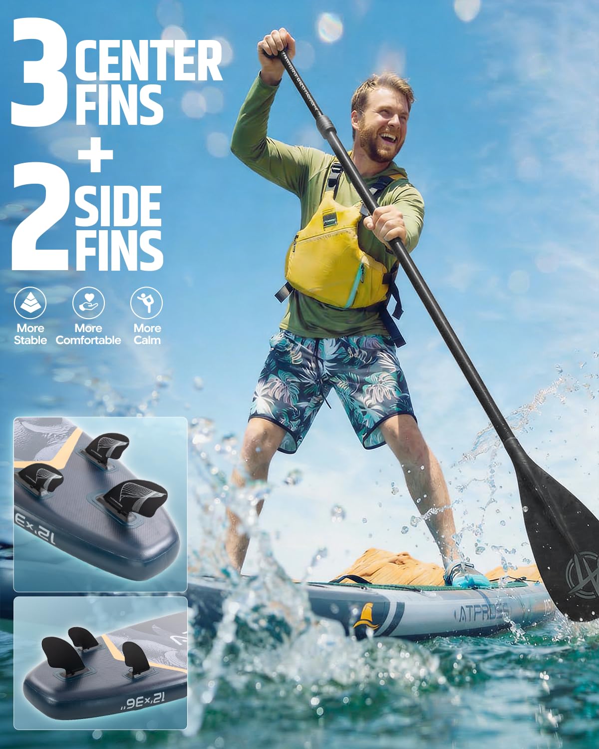 12'x36" Inflatable Paddle Board 500LBS with Kayak Seat | Extra Wide Non-Slip SUP Adults + 5 Fins
