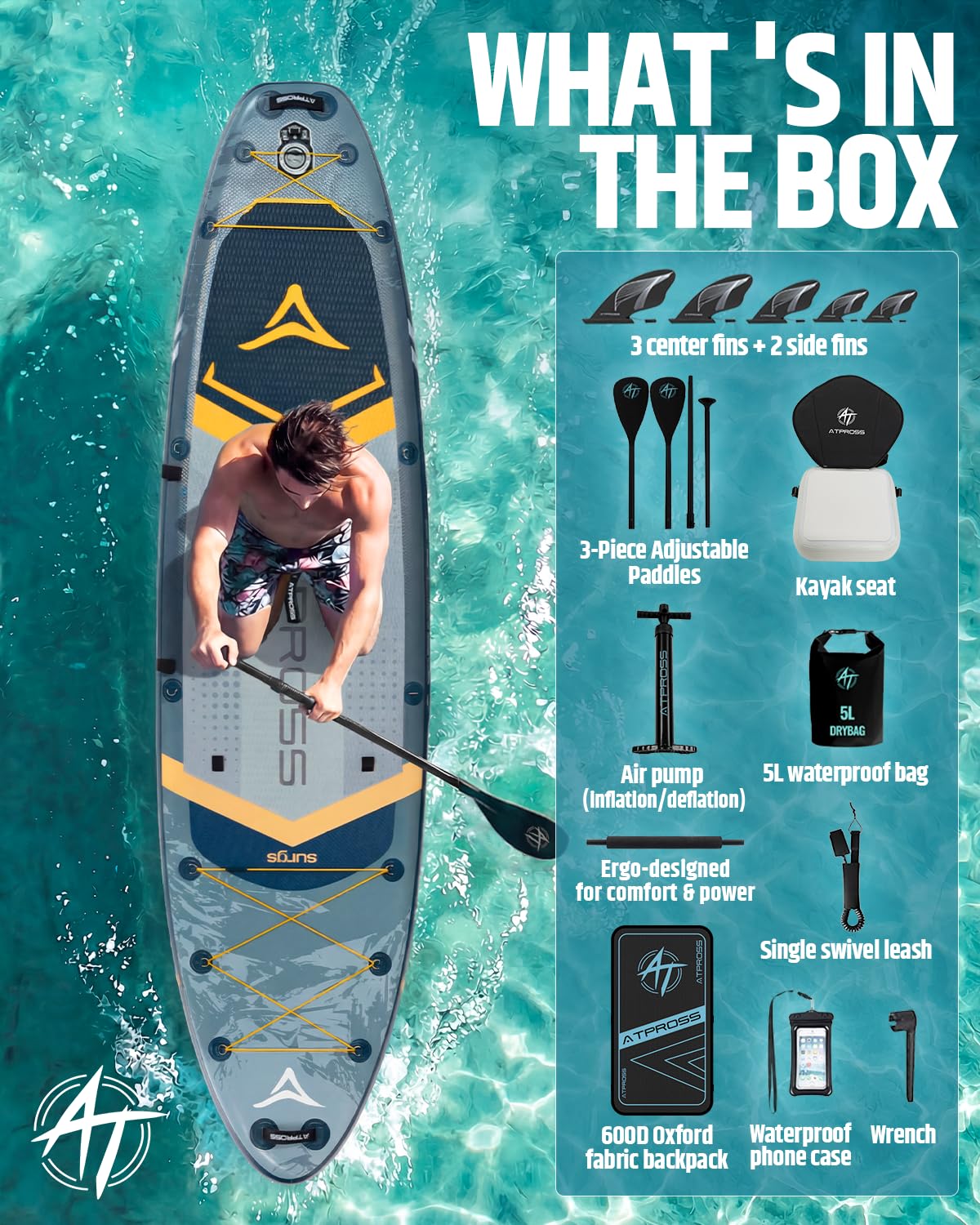 12'x36" Inflatable Paddle Board 500LBS with Kayak Seat | Extra Wide Non-Slip SUP Adults + 5 Fins