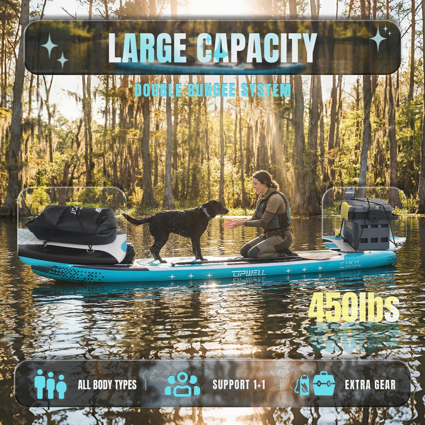UPWELL 11'x34" Inflatable Paddle Board with Kayak Seat | 6" Thick Wide SUP for Adults Cyclone