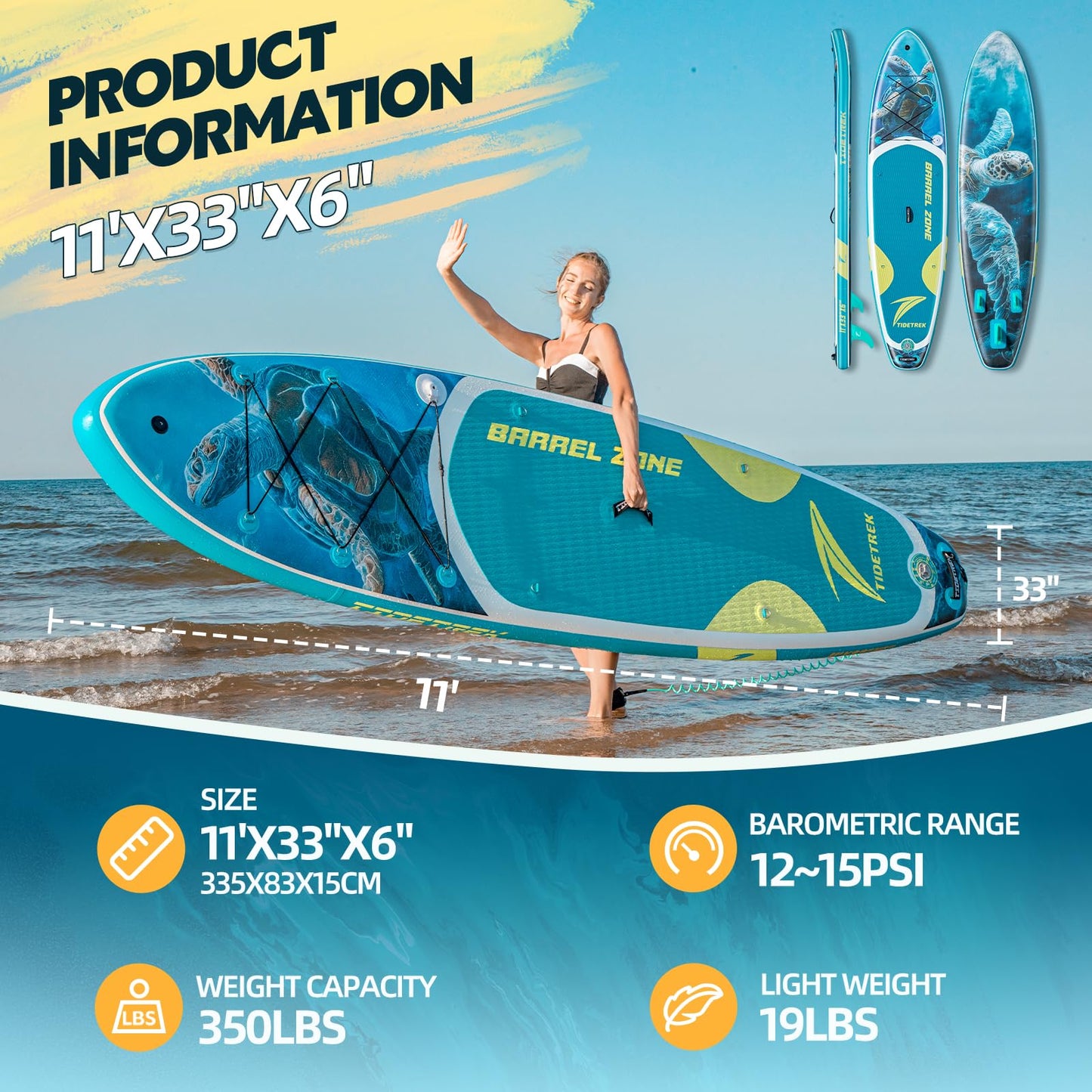 TIDETREK 11'x33" Inflatable Paddle Board with Kayak Seat | Extra-Wide Stable SUP Adults & Youth