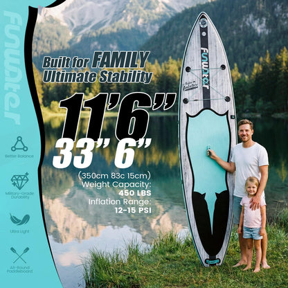 FunWater 10'6"-11'6" Inflatable Paddle Board | Wide Stable Non-Slip SUP for Adults & Youth