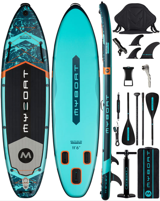 MYBOAT 11'6"x34" Inflatable Fishing Paddle Board with Kayak Seat, Rod Holder & 3 Fins Adults