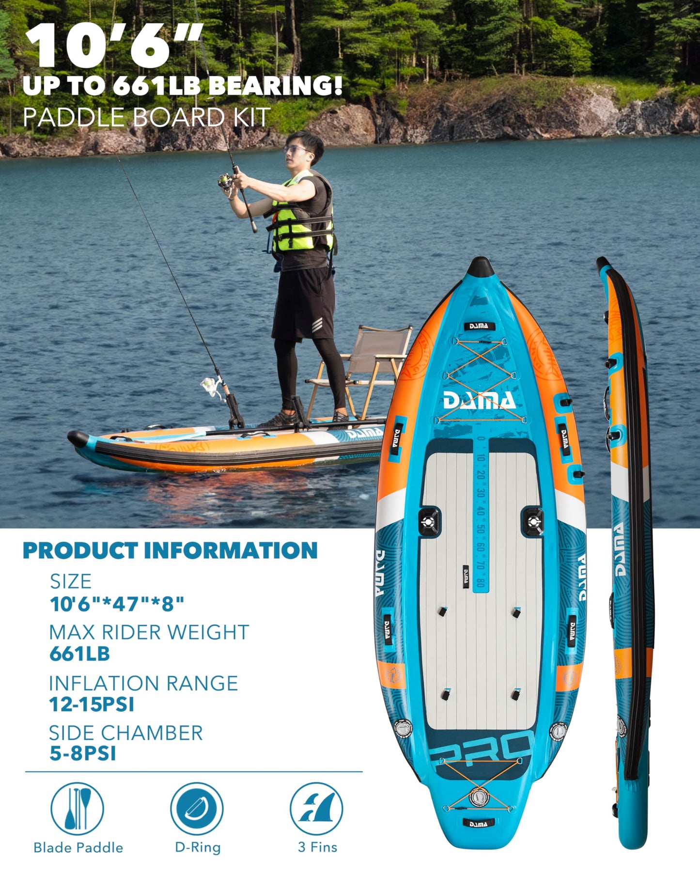 DAMA 10'8"x47" Extra Wide Inflatable Fishing Paddle Board with 3 Fins & 2 Rod Holders Adults