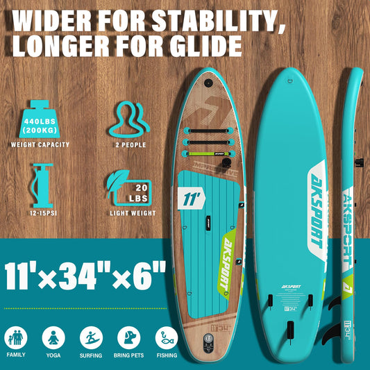 AKSPORT 11' x 34" Inflatable Paddle Board | Non-Slip Wide SUP with Accessories for Adults & Youth