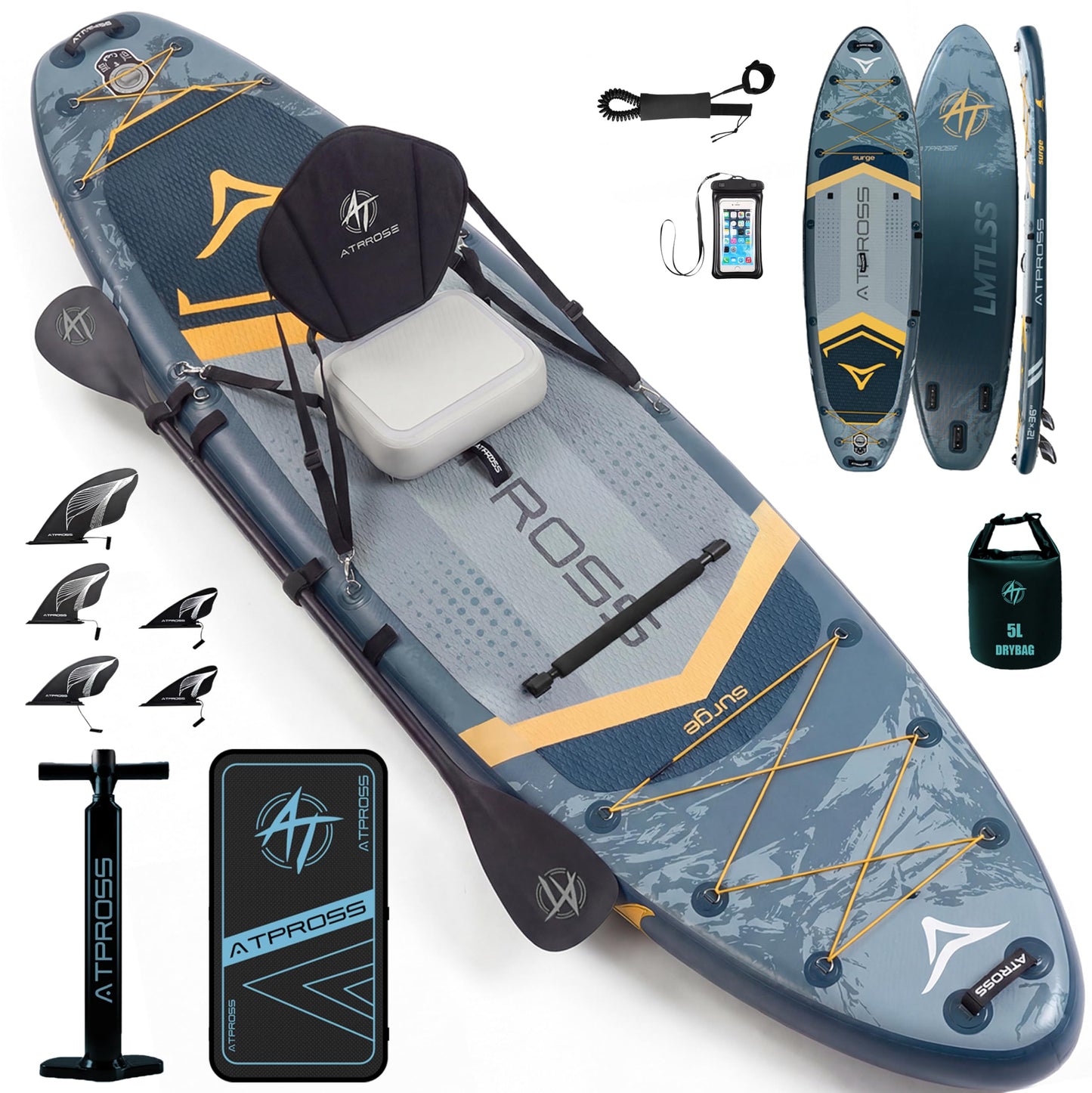 12'x36" Inflatable Paddle Board 500LBS with Kayak Seat | Extra Wide Non-Slip SUP Adults + 5 Fins