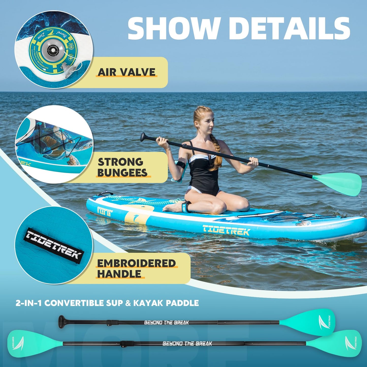 TIDETREK 11'x33" Inflatable Paddle Board with Kayak Seat | Extra-Wide Stable SUP Adults & Youth
