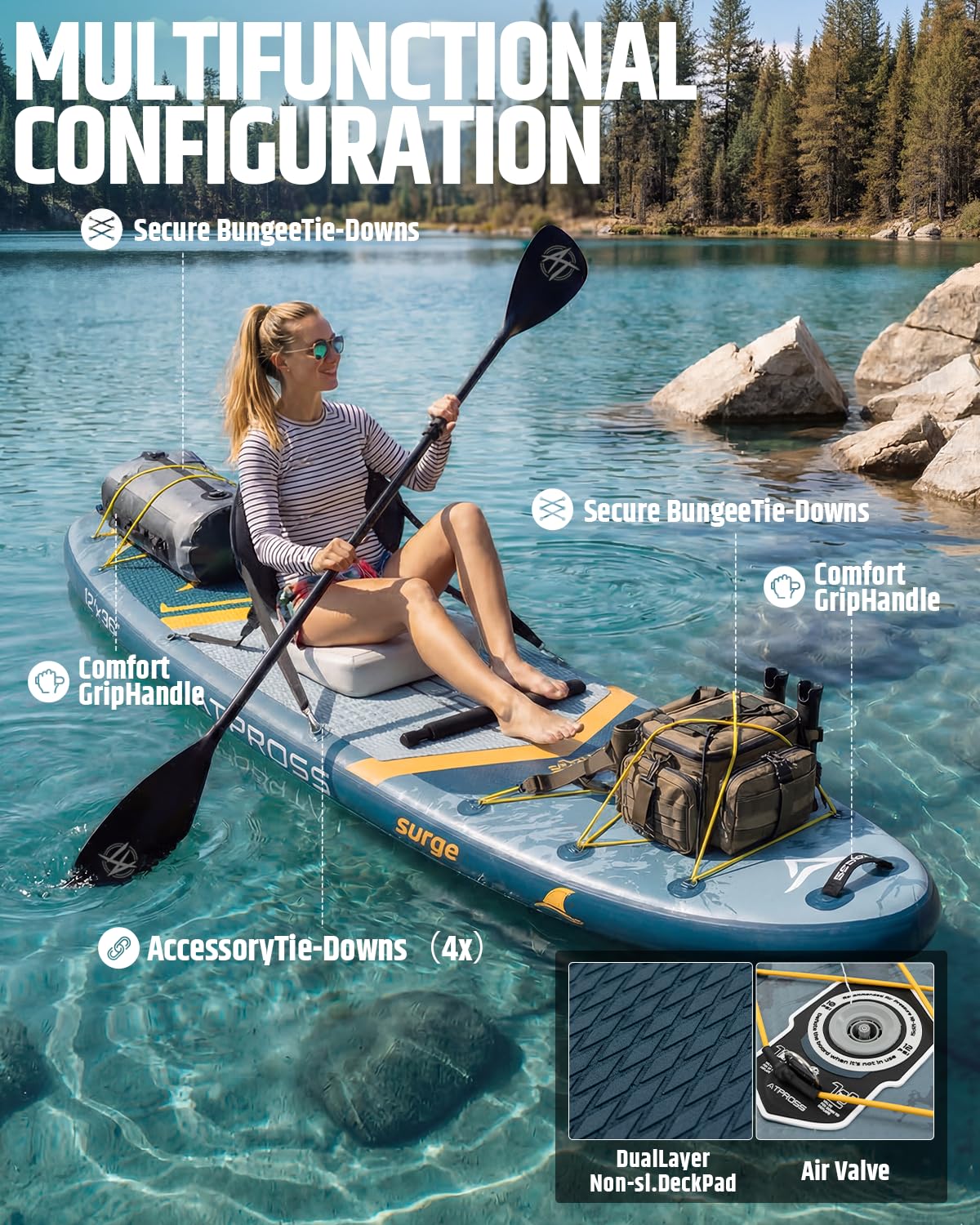 12'x36" Inflatable Paddle Board 500LBS with Kayak Seat | Extra Wide Non-Slip SUP Adults + 5 Fins